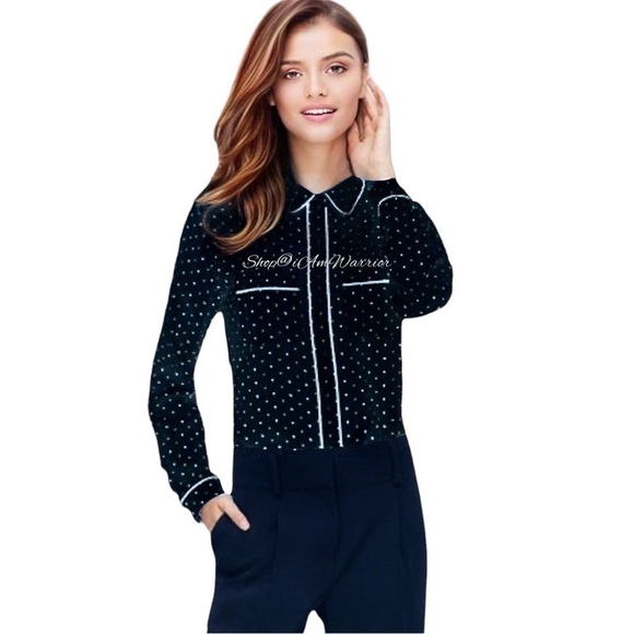 Ann Taylor NWT navy dotted contrast piped silk pj style blouse *shop@iamwarrior - Picture 2 of 10